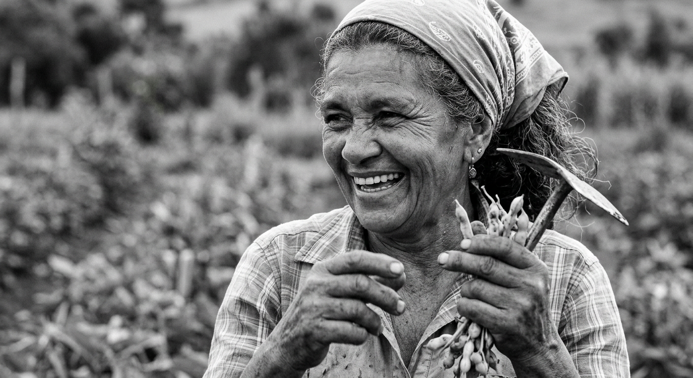 Agricultora sorrindo enquanto trabalha na lavoura