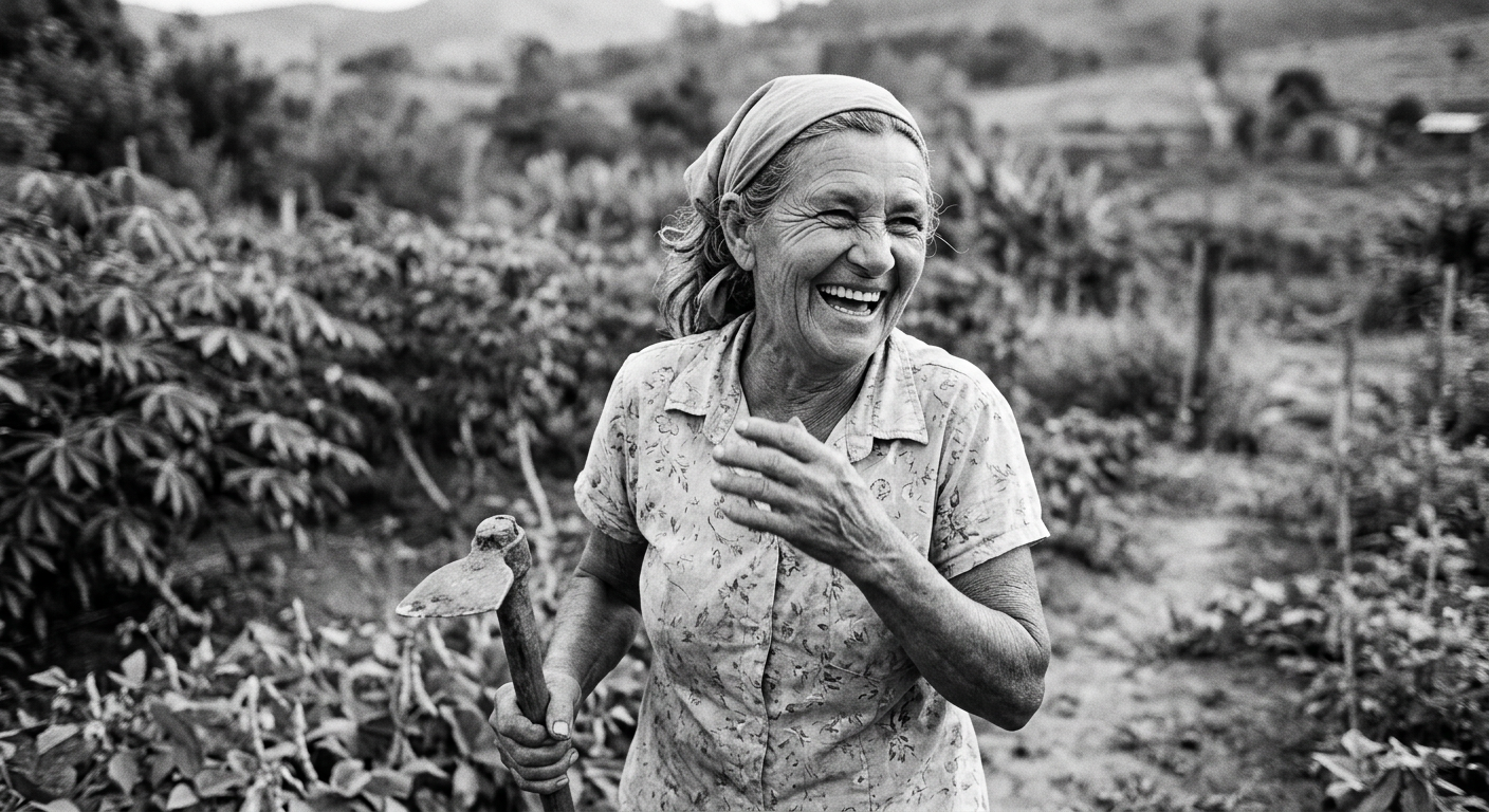 Agricultora sorrindo enquanto trabalha na roça