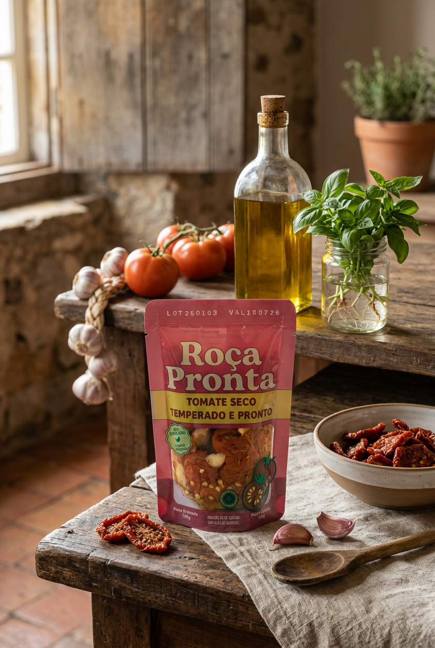 Sachê Roça Pronta de tomate seco em uma cozinha rústica